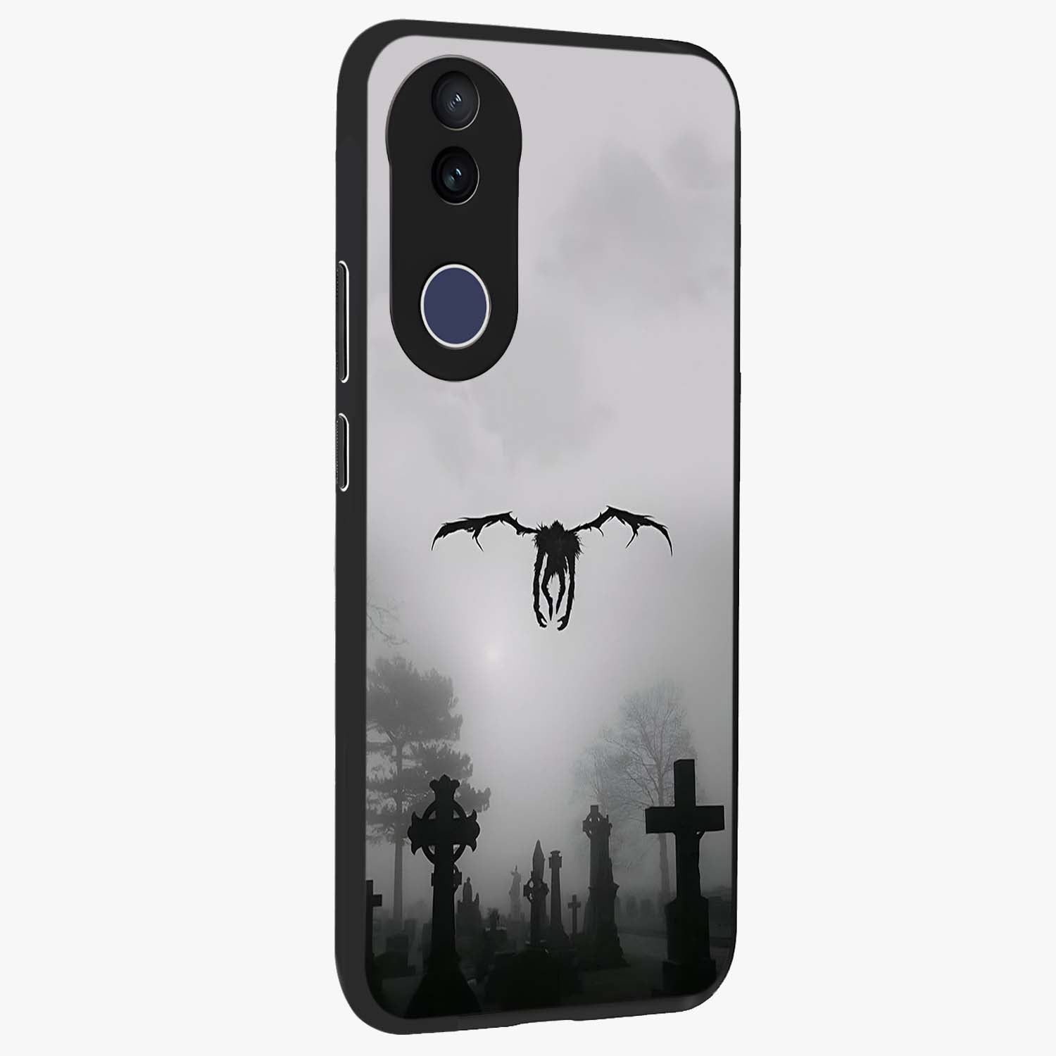 Graveyard Shadow Descent Glass Case upright view showcasing haunting graveyard artwork with dramatic dark theme.