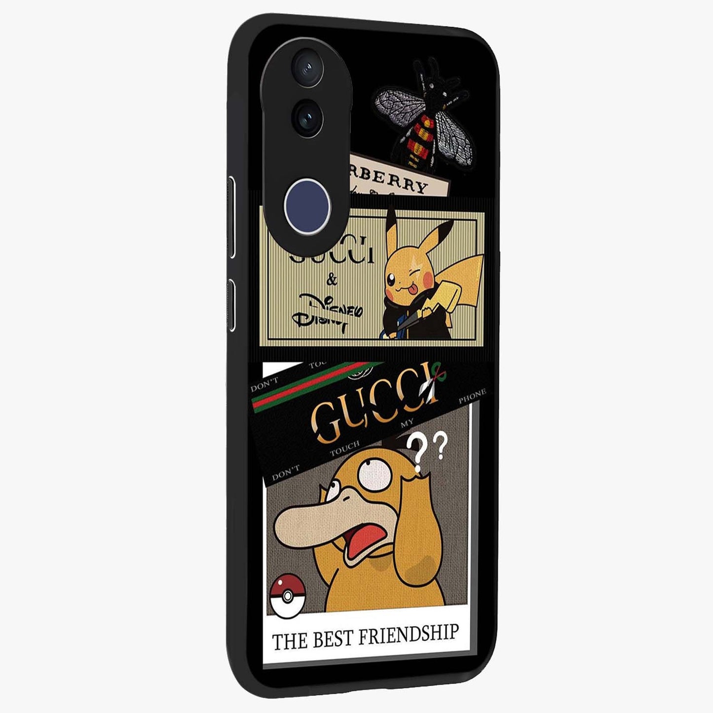 Gucci Play Mashup Glass Case upright view showcasing trendy luxury inspired artwork with modern fashion theme.
