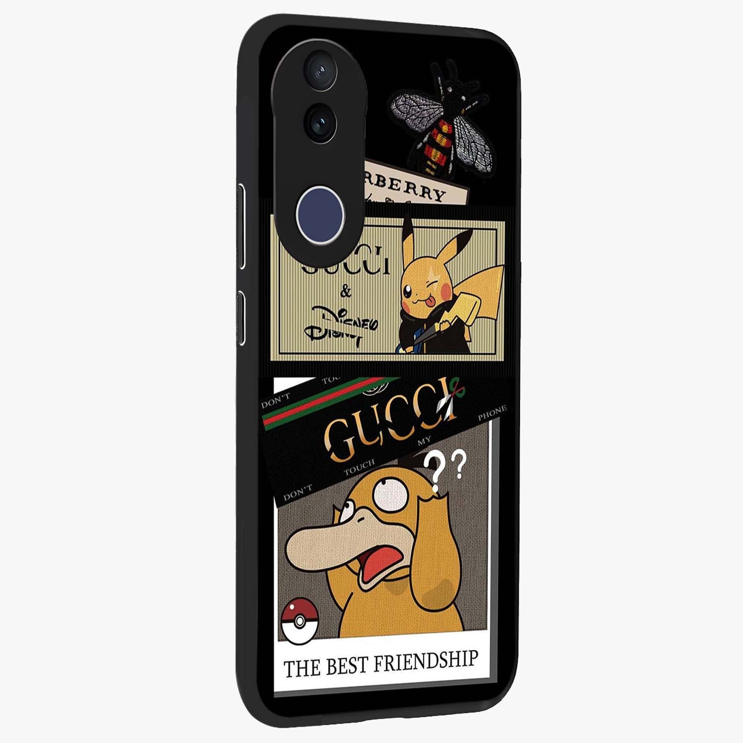 Gucci Play Mashup Glass Case upright view showcasing trendy luxury inspired artwork with modern fashion theme.