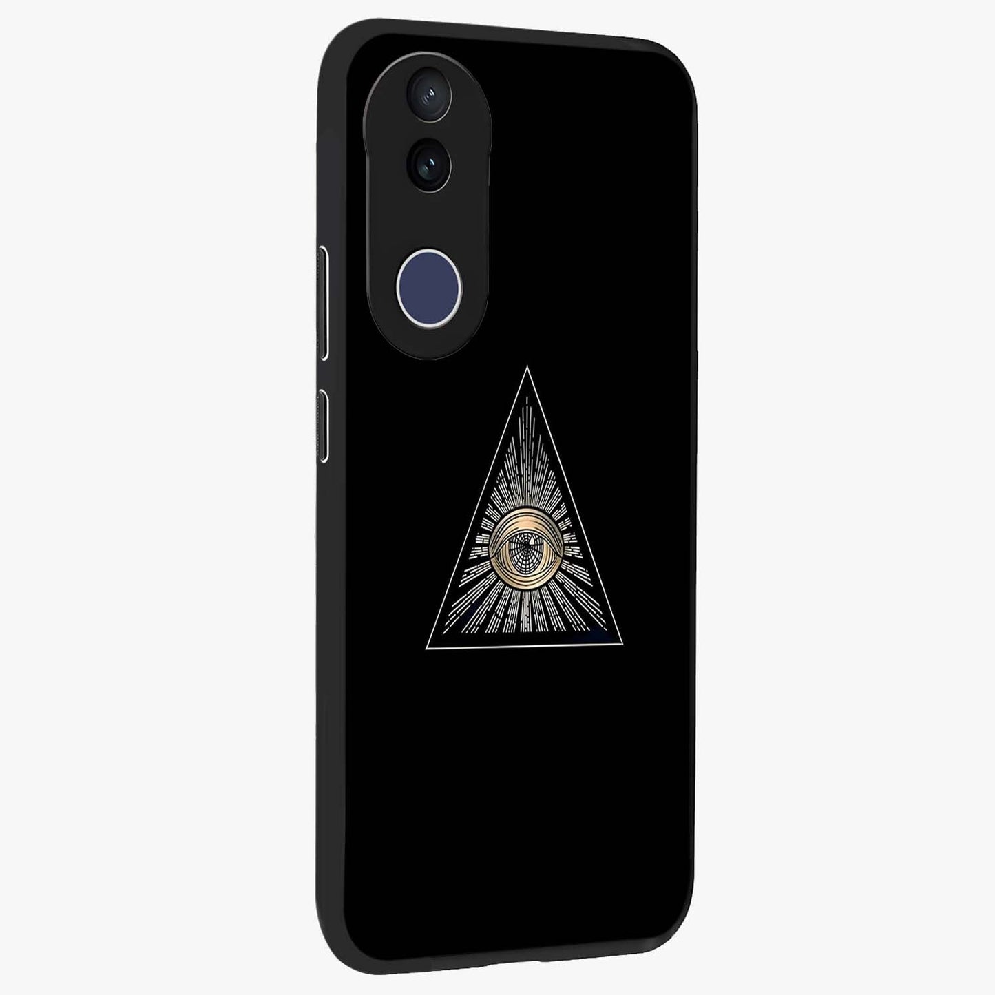 Illuminati Evil Glass Case upright view showcasing striking illuminati artwork with mysterious symbolic theme.