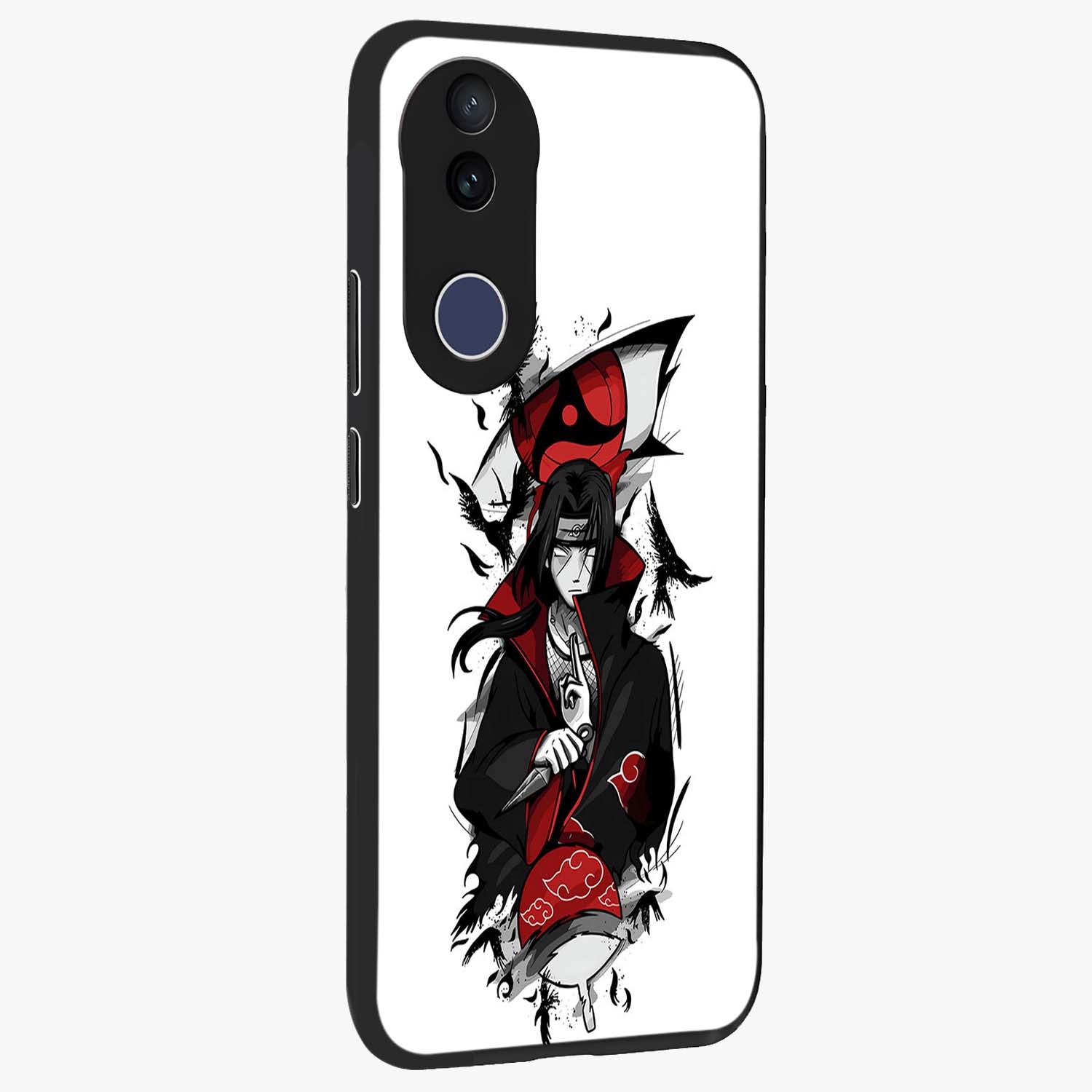 Itachi Sharingan Glass Case upright view showcasing intense anime eye artwork with bold character theme.