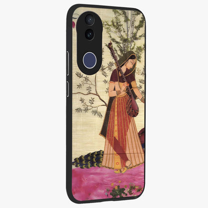 Lady With Veena Art Glass Case upright view showcasing classical veena artwork with traditional artistic theme.