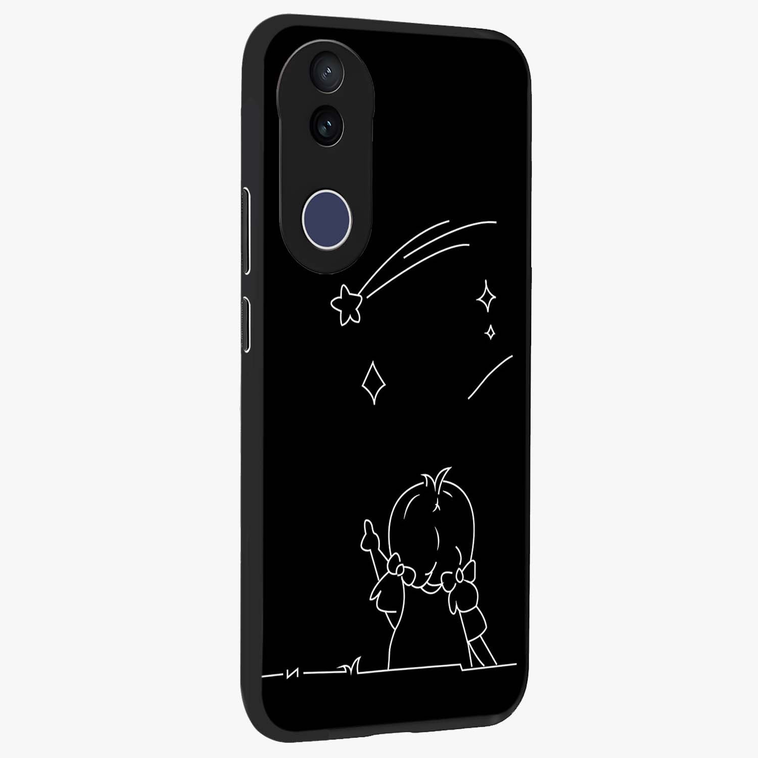 Line Art Girl With Shooting Stars Glass Case upright view showcasing delicate shooting stars artwork with minimal artistic theme.