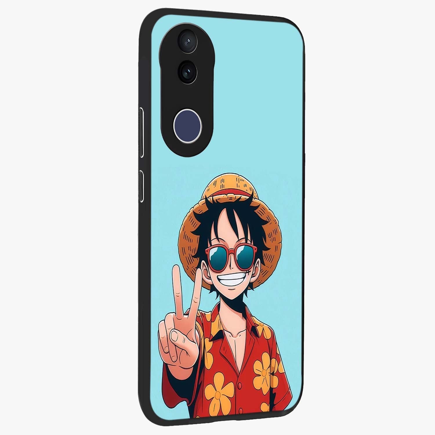 Luffy Summer Anime Vibe Glass Case upright view showcasing dynamic anime artwork with bright adventurous theme.