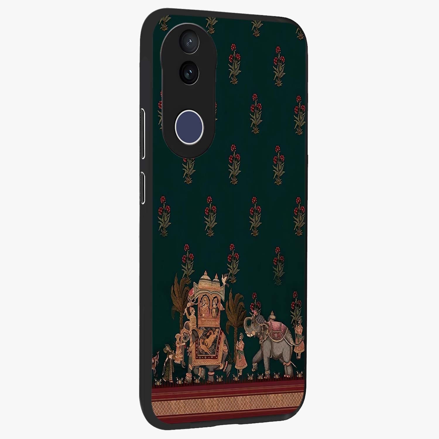 Macmerise Glass Case upright view showcasing bold artistic artwork with contemporary design theme.
