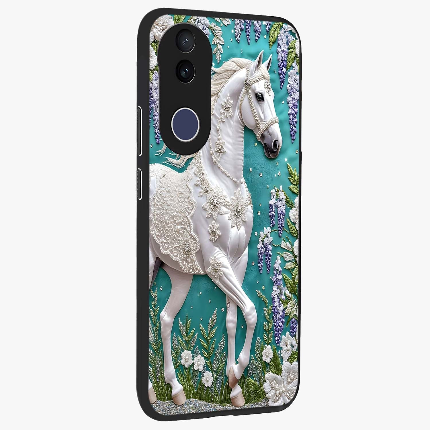 Majestic Floral Stallion Glass Case upright view showcasing dramatic horse artwork with decorative floral theme.