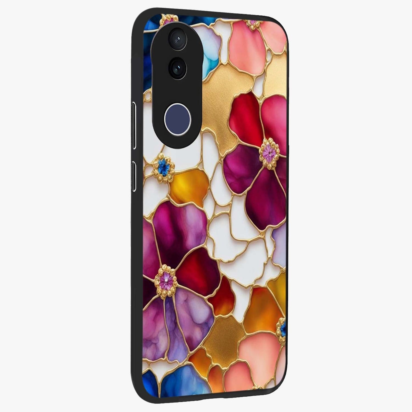 Marble Flower Pattern Glass Case upright view showcasing decorative marble flower artwork with refined style.
