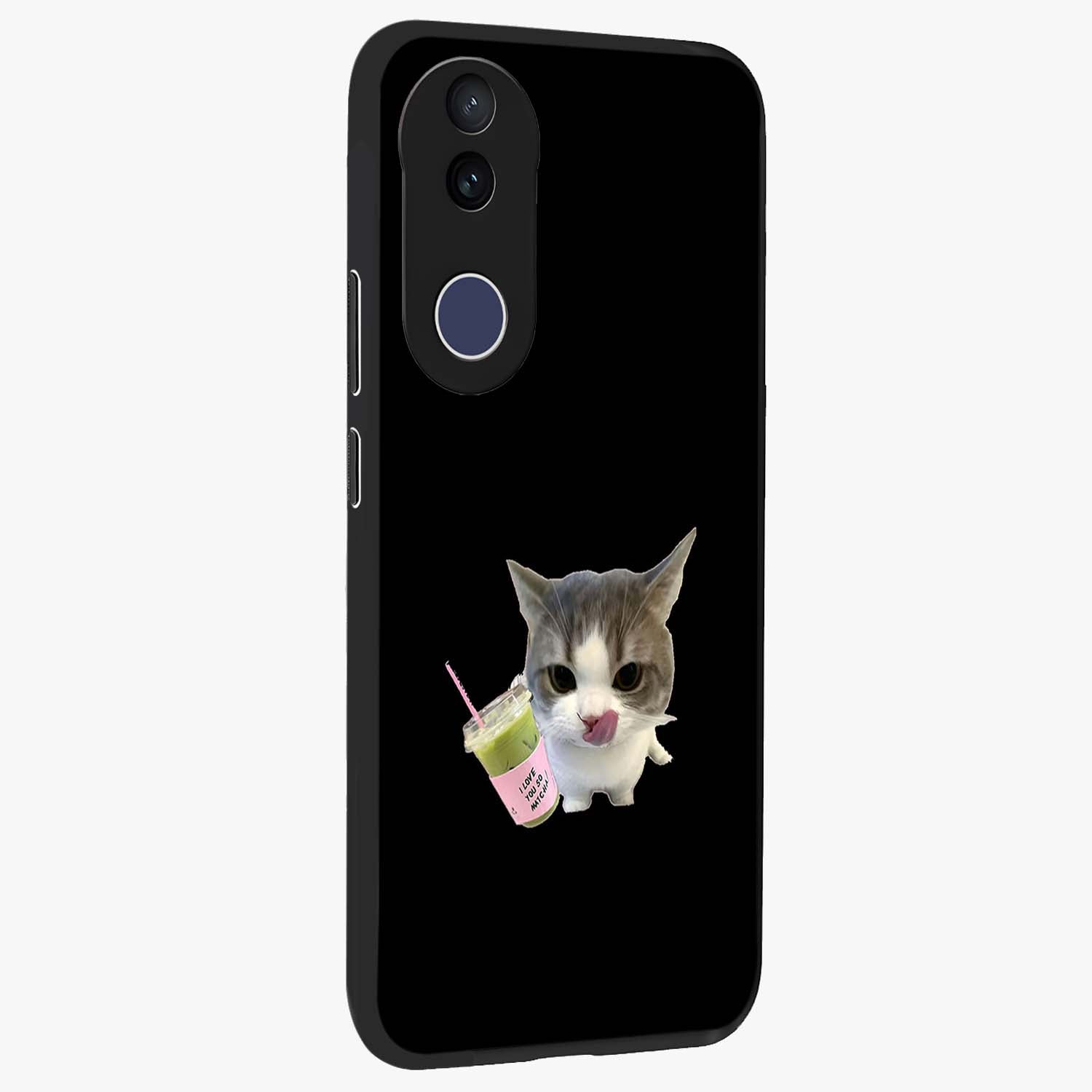 Matcha Cat Style Glass Case upright view showcasing charming cat artwork with cozy aesthetic theme.