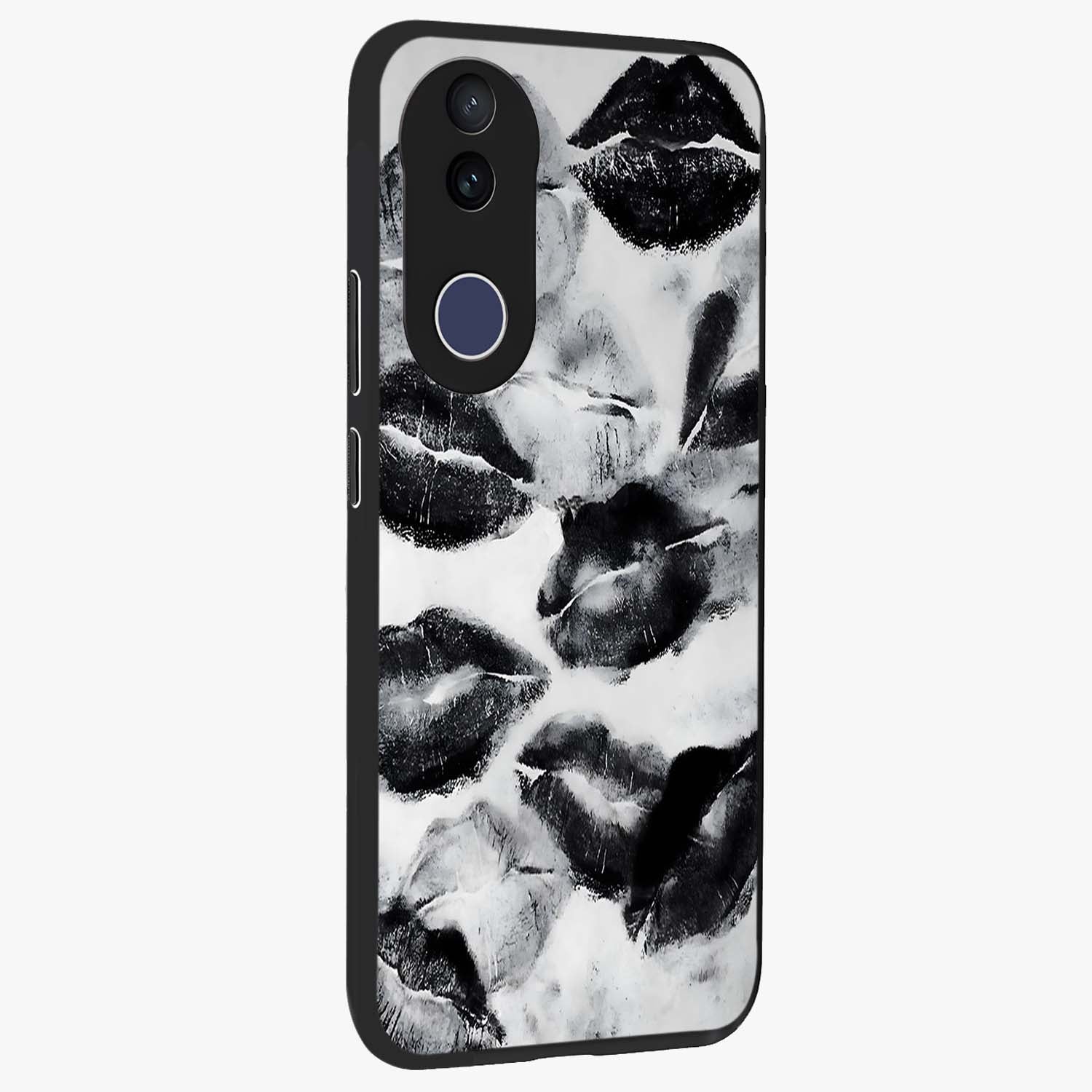 Midnight Kiss Marks Glass Case upright view showcasing stylish kiss mark artwork with trendy romantic theme.