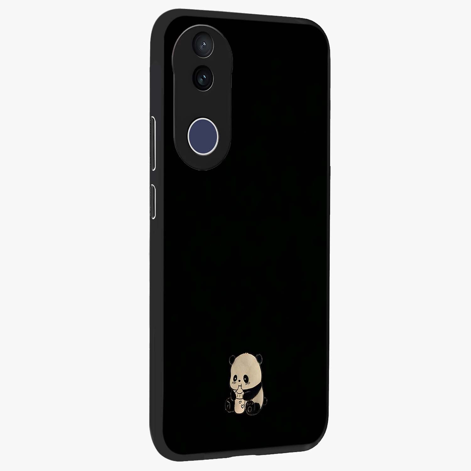 Midnight Panda Love Glass Case upright view showcasing charming panda artwork with playful romantic theme.