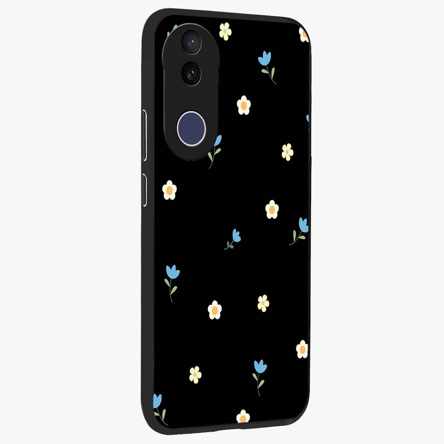 Minimal Petal Whispers Glass Case upright view showcasing elegant floral artwork with modern minimalist style.