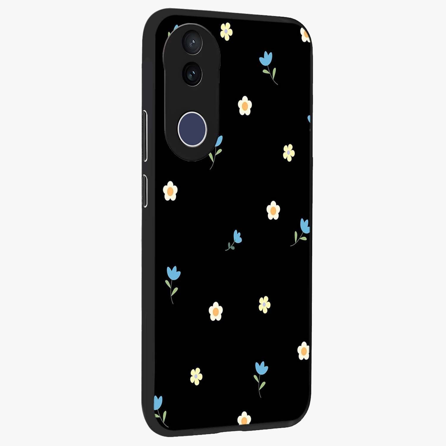 Minimal Petal Whispers Glass Case upright view showcasing elegant floral artwork with modern minimalist style.