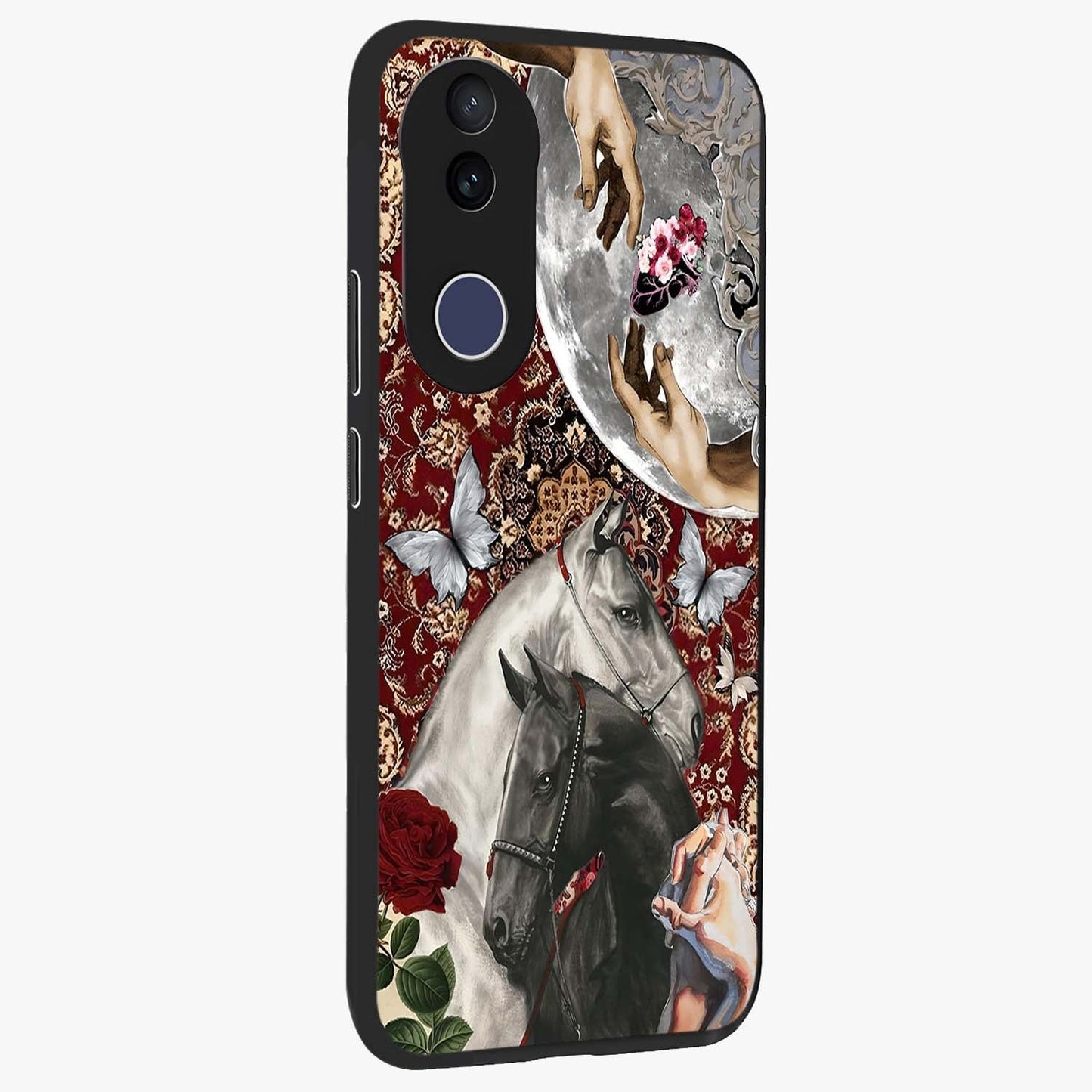 Moonlit Royal Stallion Glass Case upright view showcasing dramatic horse artwork with glowing moon themed design.