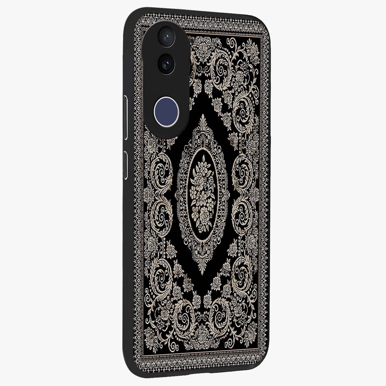 Noir Bloom Elegance Glass Case upright view showcasing graceful floral artwork with luxurious dark theme.