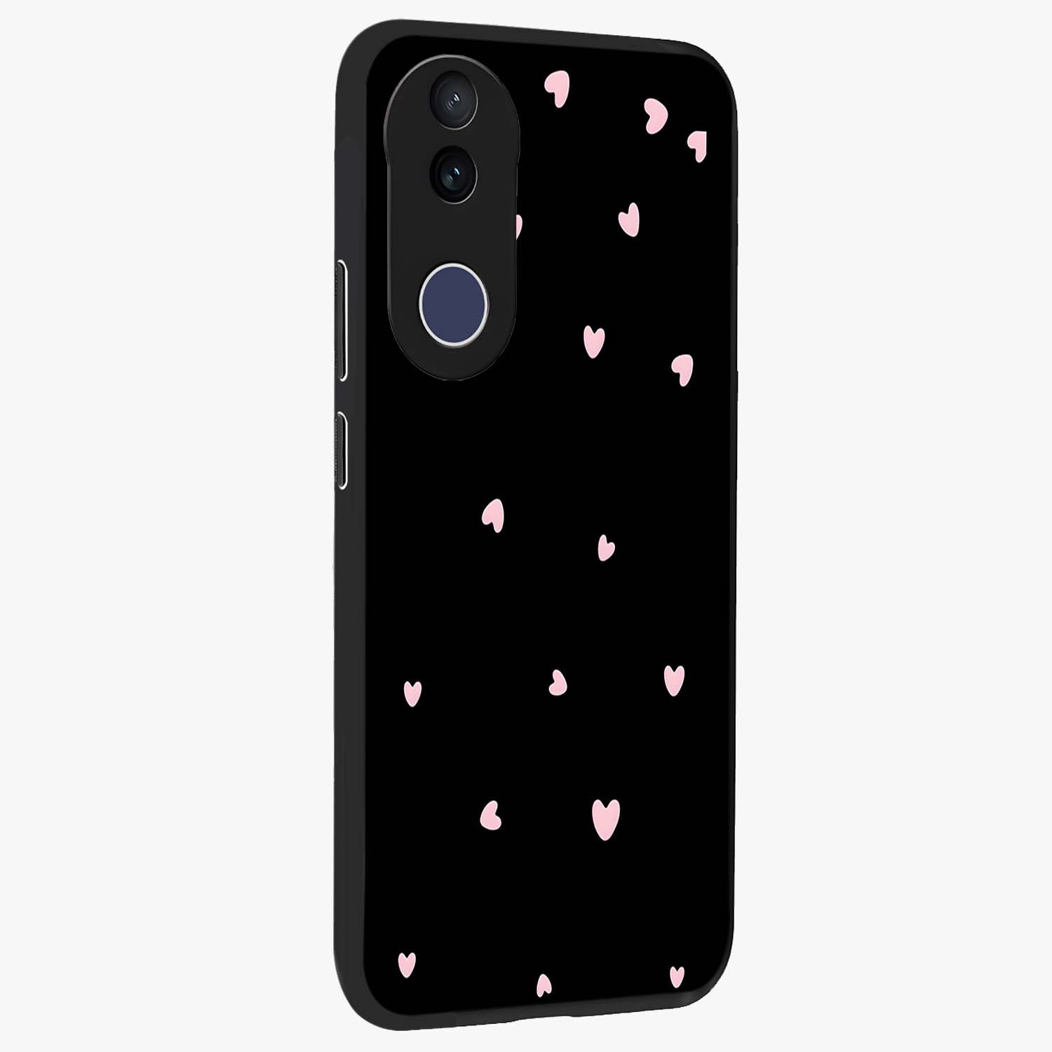 Pink Love Drops Glass Case upright view showcasing charming heart drop artwork with romantic playful theme.