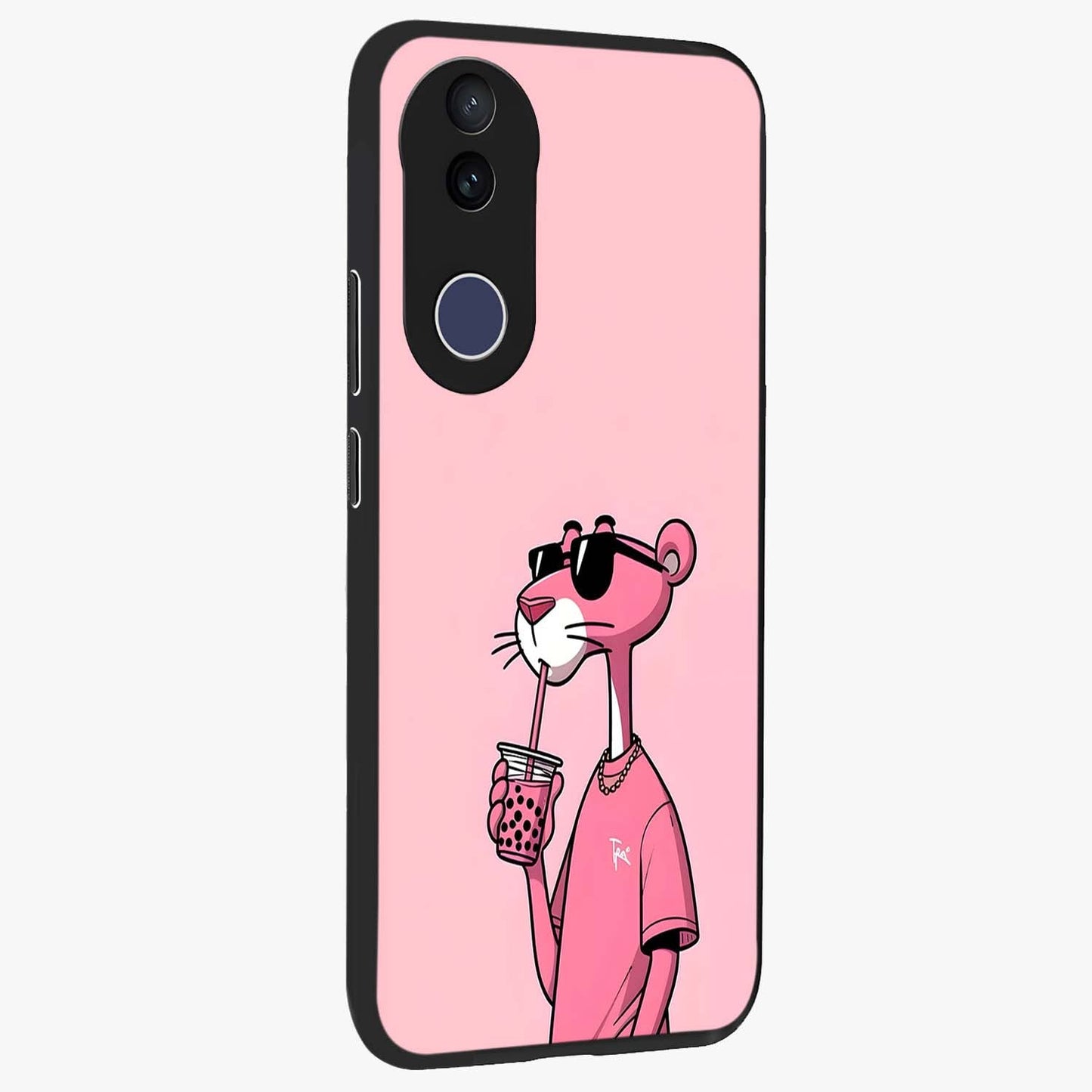 Pink Panther Glass Case upright view showcasing fun animated artwork with stylish retro cartoon theme.