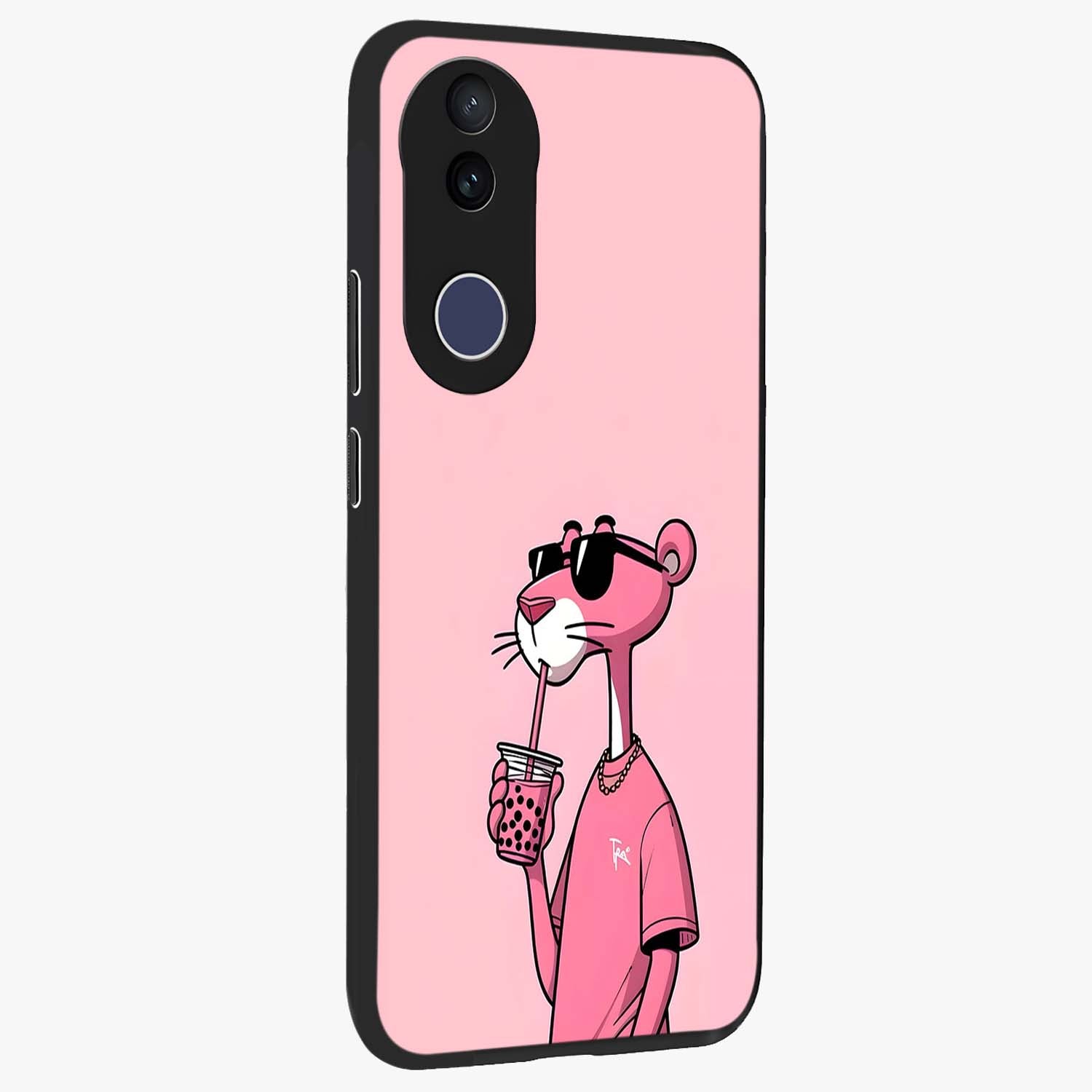 Pink Panther Glass Case upright view showcasing fun animated artwork with stylish retro cartoon theme.