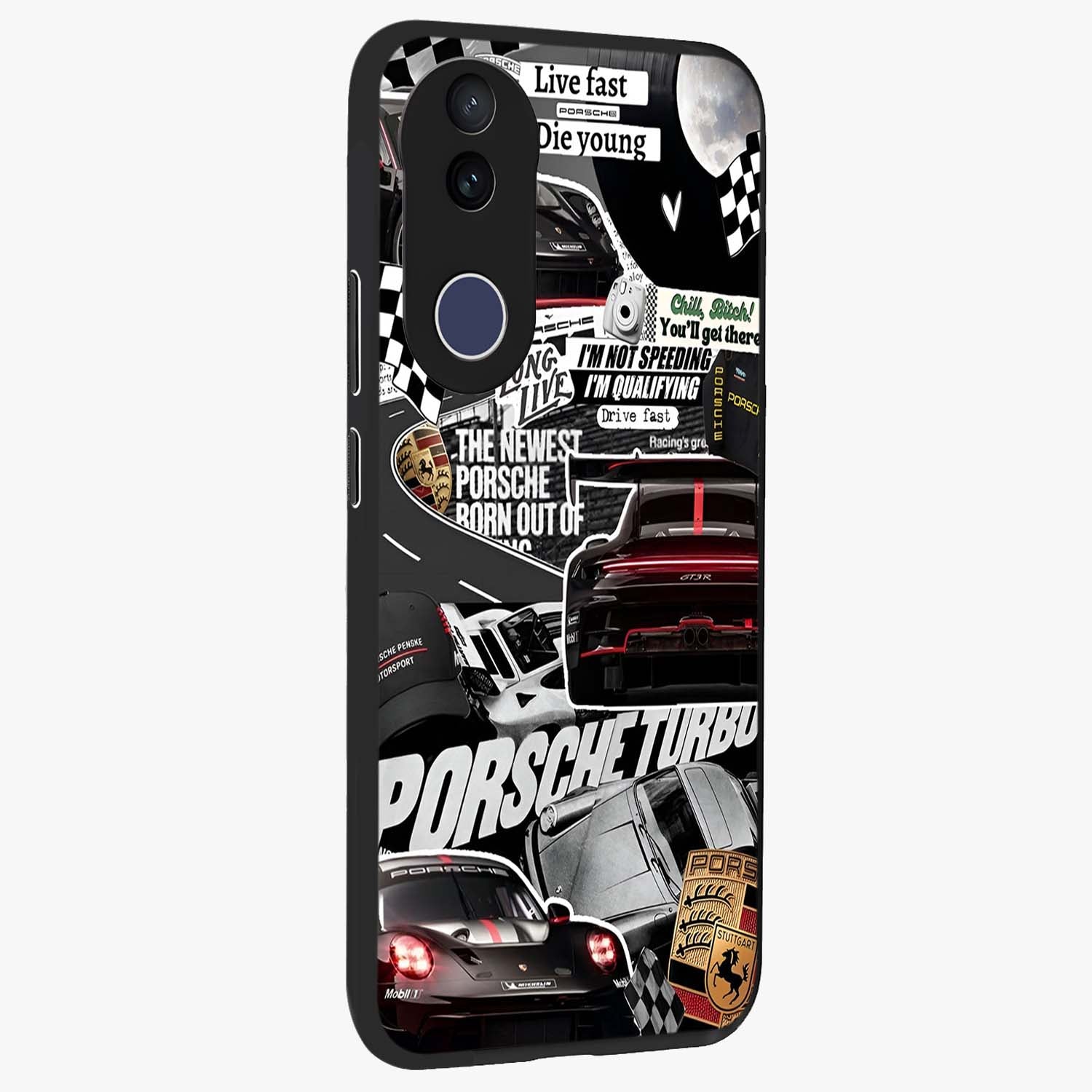 Porsche Racing Collage Glass Case upright view showcasing energetic car collage artwork with high speed racing theme.
