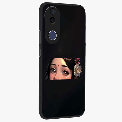 Radha Divine Embrace Glass Case upright view showcasing sacred Radha themed artwork with peaceful devotional style.