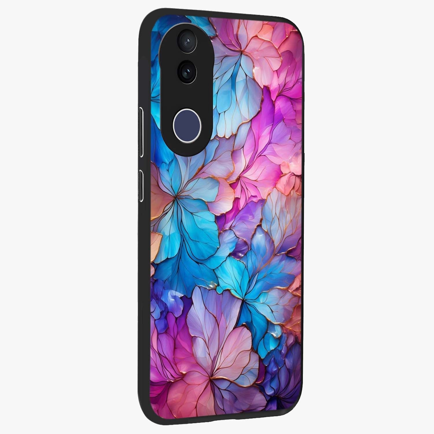 Radiant Floral Whirl Glass Case upright view showcasing lively floral artwork with decorative swirl theme.