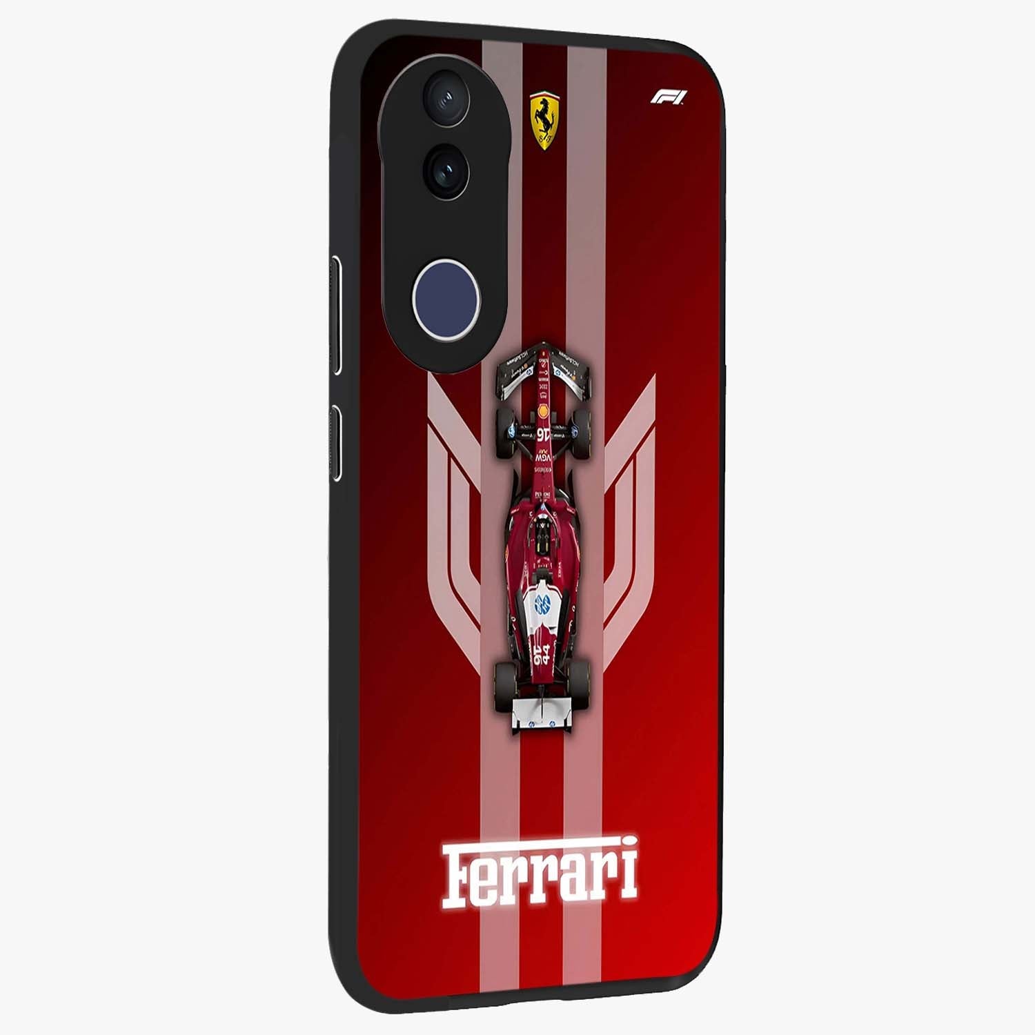 Red Ferrari F1 Vertical Glass Case upright view showcasing powerful Formula car artwork with dynamic motorsport theme.