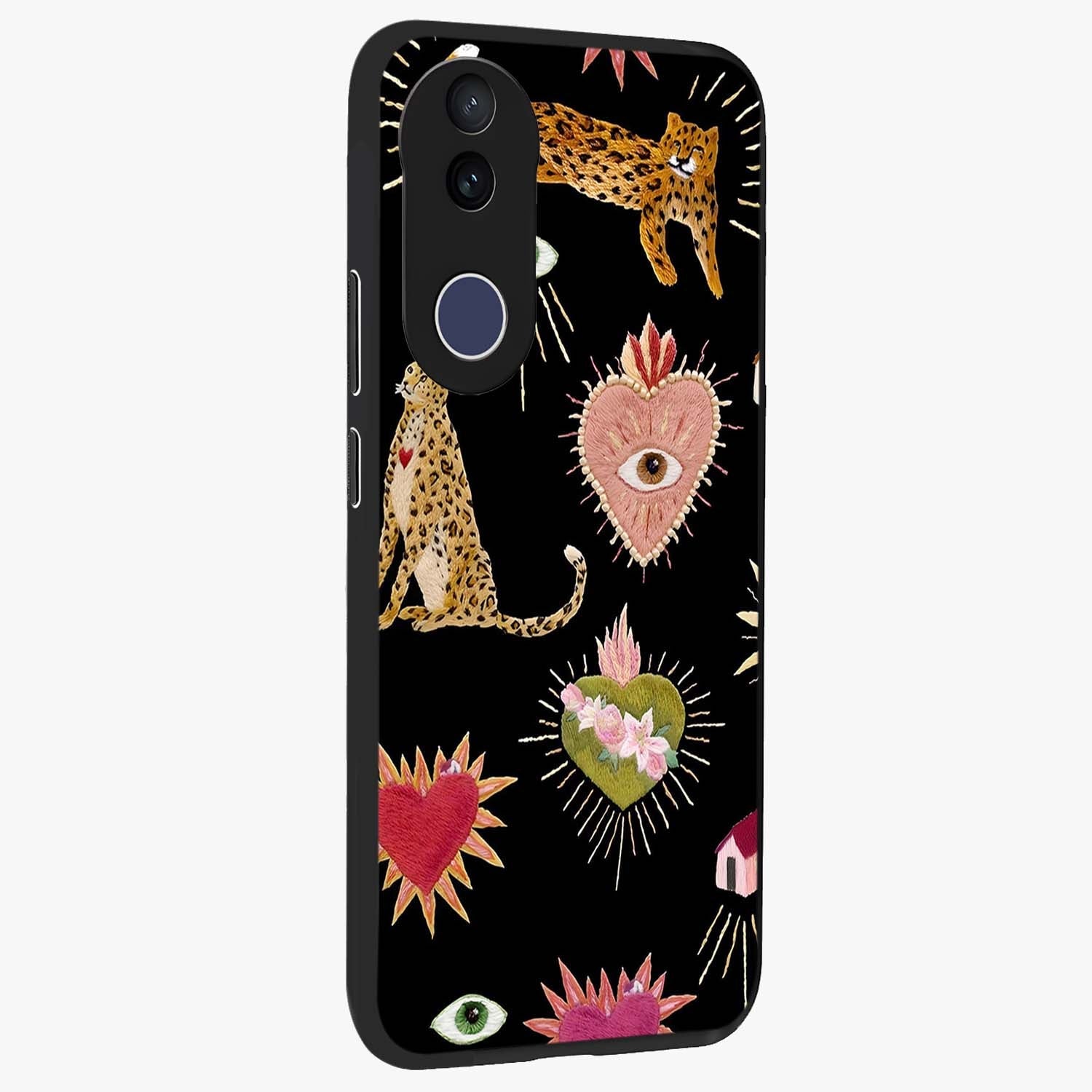 Sacred Jungle Heart Glass Case upright view showcasing vibrant jungle artwork with symbolic heart theme.