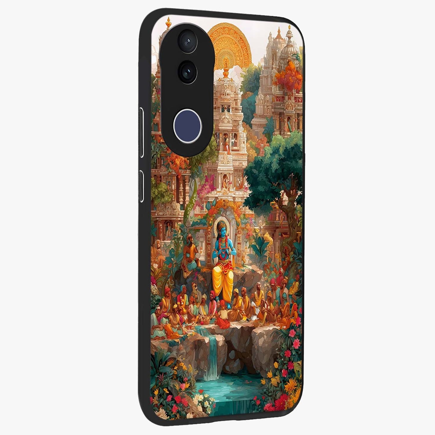 Sacred Sunlight Gods Glass Case upright view showcasing glowing divine artwork with sacred mythological theme.