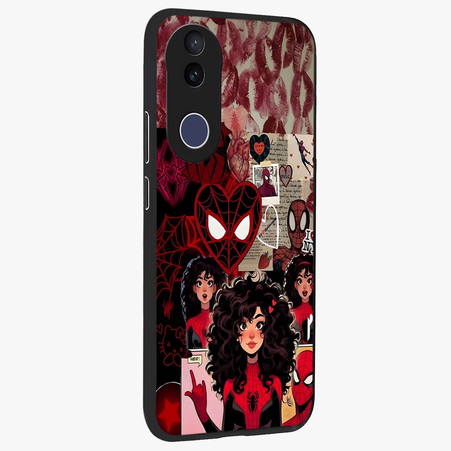 Spider Love Story Glass Case upright view showcasing charming superhero artwork with romantic comic theme.
