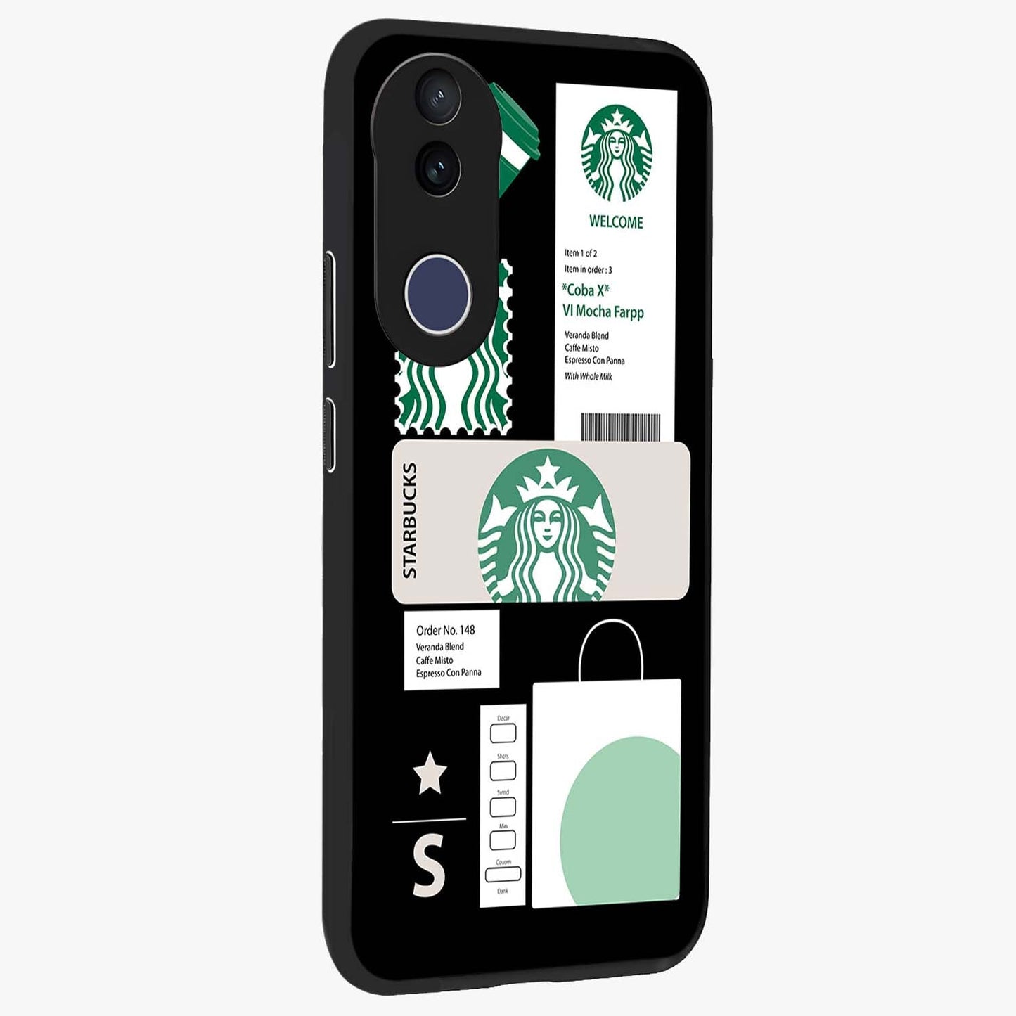 Starbucks Mocha Glass Case upright view showcasing trendy coffee inspired artwork with modern lifestyle theme.