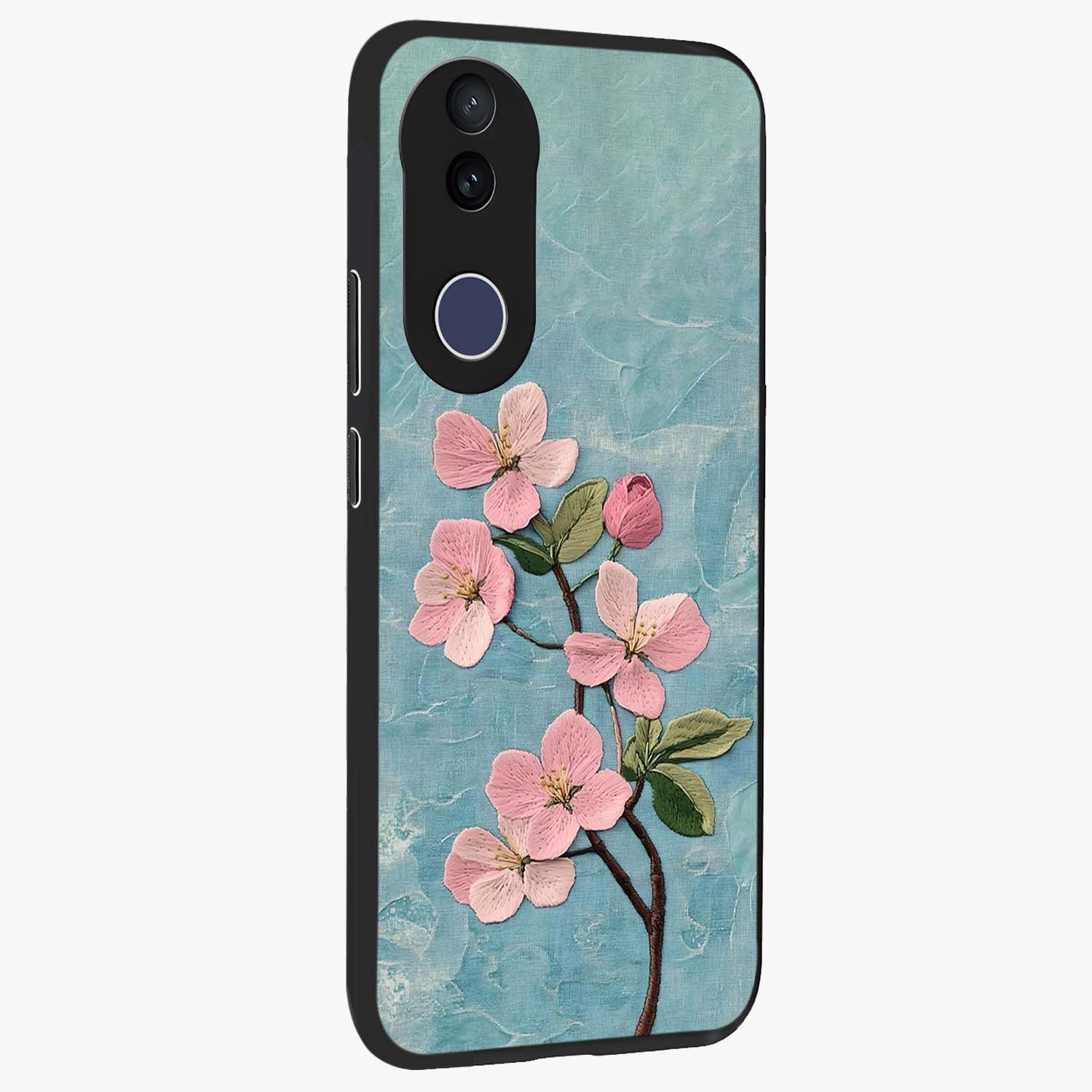 Threaded Blossom Breeze Glass Case upright view showcasing graceful flower artwork with calm botanical theme.