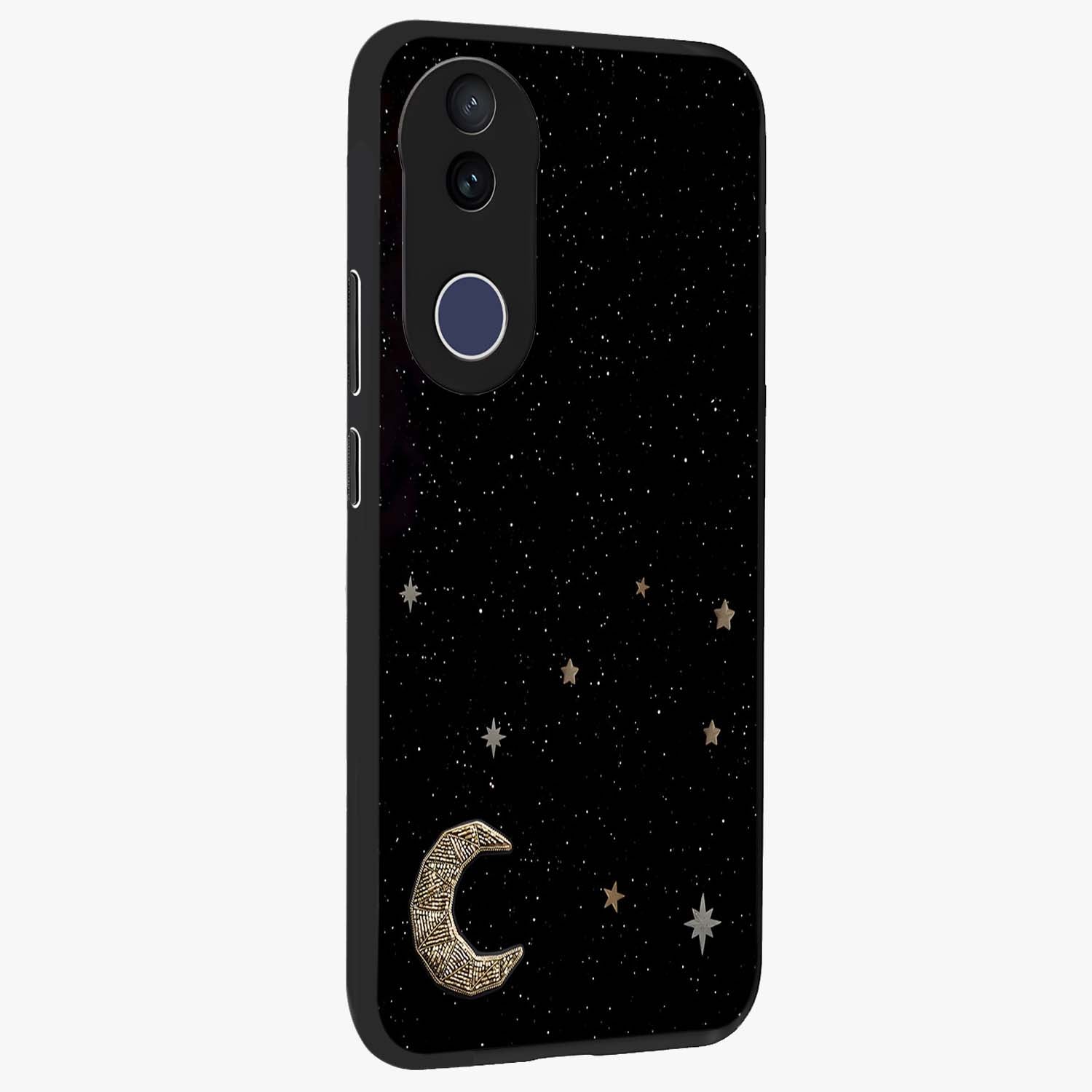 Twinkle Star With Half Moon Glass Case upright view showcasing glowing cosmic artwork with dreamy night theme.