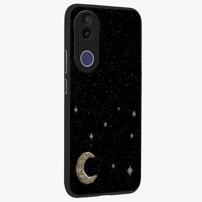 Twinkle Star With Half Moon Glass Case upright view showcasing glowing cosmic artwork with dreamy night theme.