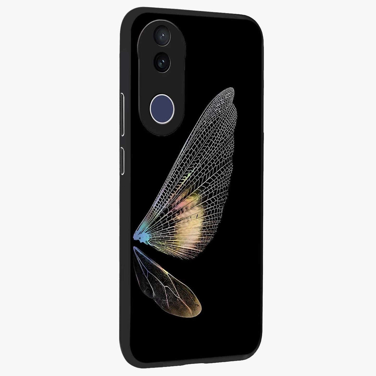 Whispers Of Wings Glass Case upright view showcasing elegant wing artwork with light airy theme.