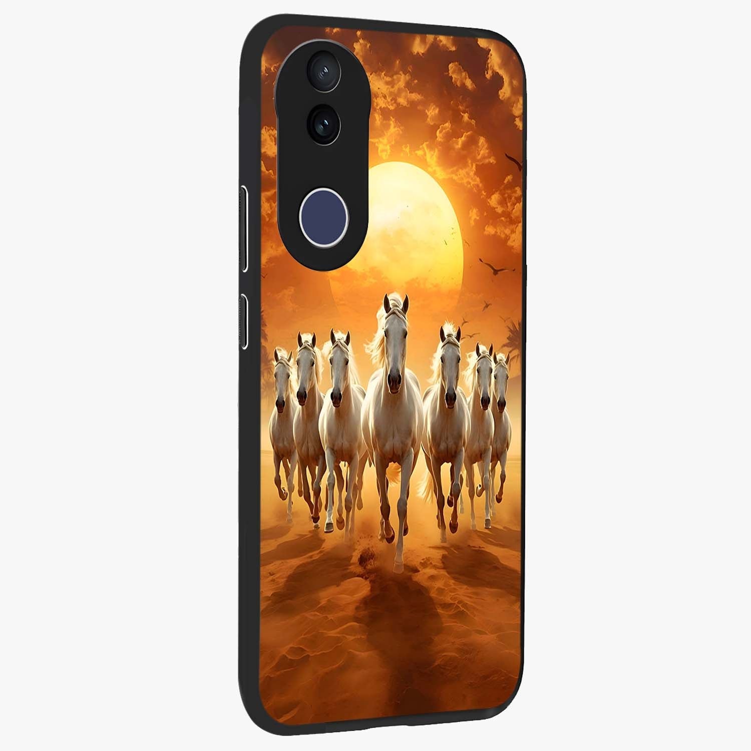 Wild Sunset Majesty Glass Case upright view showcasing dramatic sunset artwork with bold nature theme.
