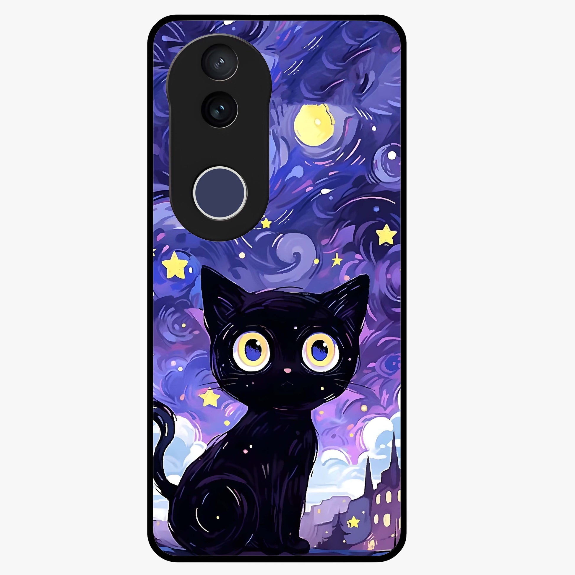 Abstract Cat Art Glass Case showing flat back view with artistic cat illustration and glossy glass finish.