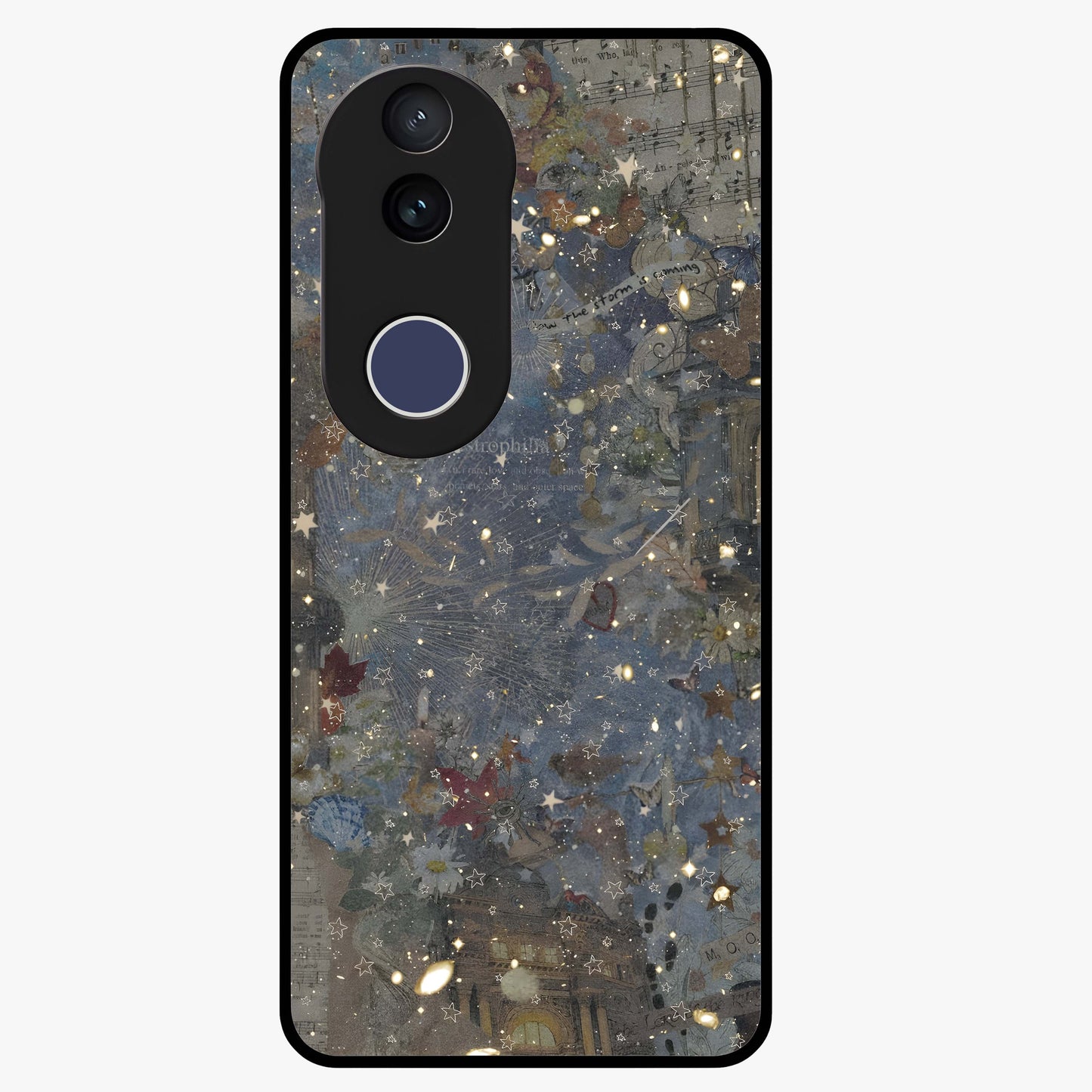 Aesthetic Astrolophia Glass Case showing flat back view with dreamy aesthetic design and glossy glass finish.