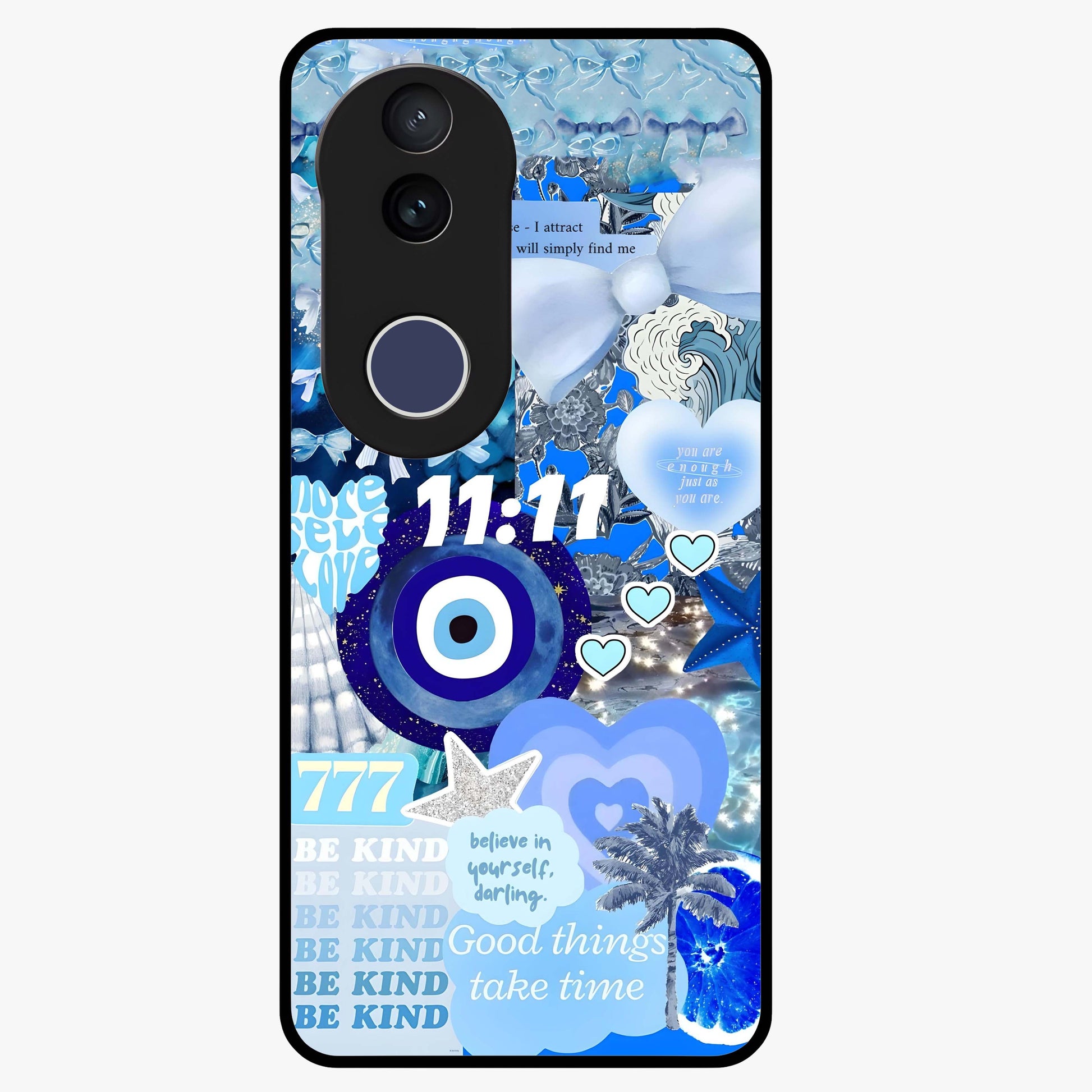 Aesthetic Be Kind Eye Glass Case showing flat back view with motivational eye artwork and glossy glass finish.
