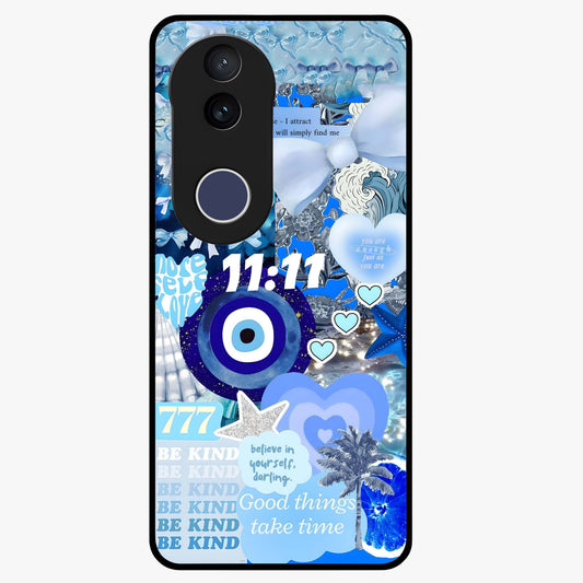 Aesthetic Be Kind Eye Glass Case showing flat back view with motivational eye artwork and glossy glass finish.