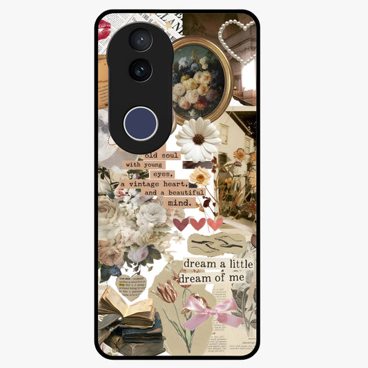 Aesthetic Brown Vintage Collage Glass Case showing flat back view with retro collage artwork and glossy glass finish.