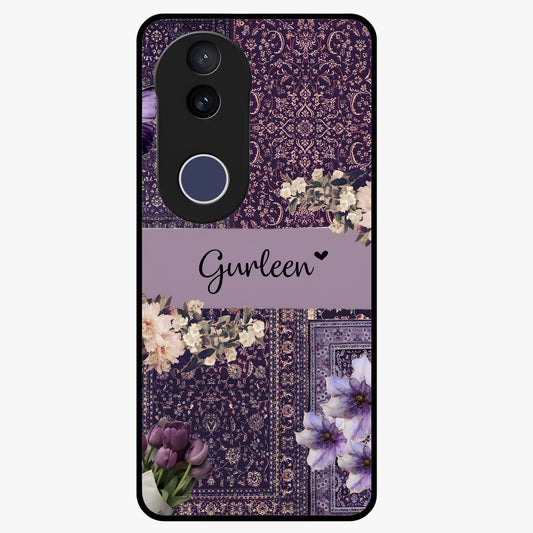 Antique Floral Whisper Custom Name Glass Case showing flat back view with vintage floral artwork and personalized name design.