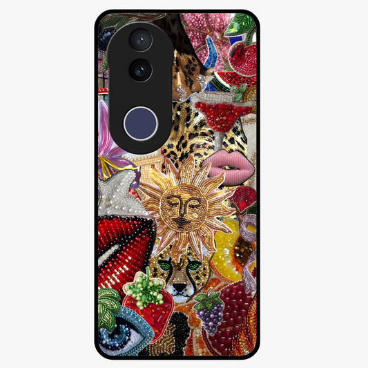 Beaded Fashion Jungle Glass Case showing flat back view with vibrant jungle inspired bead artwork and glossy glass finish.