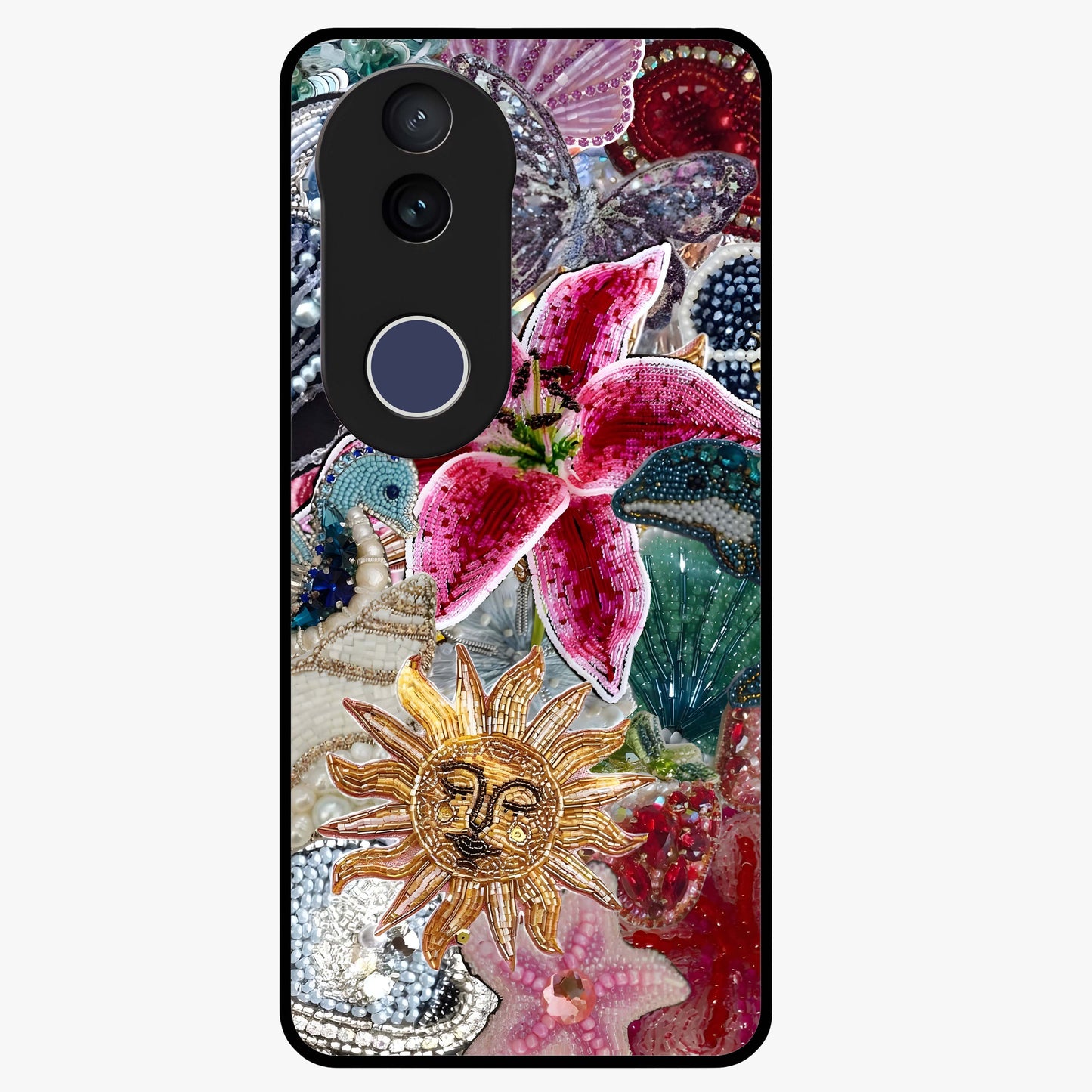 Beaded Garden Fantasy Glass Case showing flat back view with dreamy garden bead artwork and glossy glass finish.