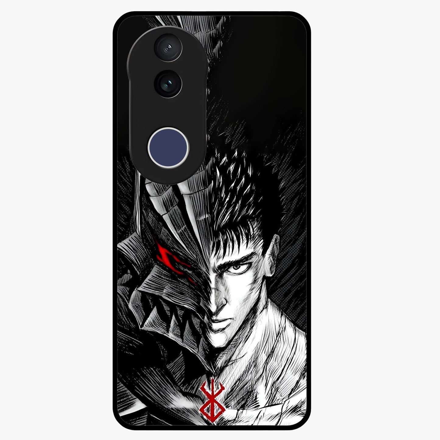 Berserker Blood Oath Glass Case showing flat back view with fierce warrior inspired artwork and glossy glass finish.
