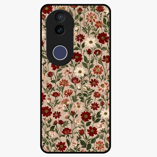 Biege Flower With Leaf Glass Case showing flat back view with soft beige floral artwork and glossy glass finish.