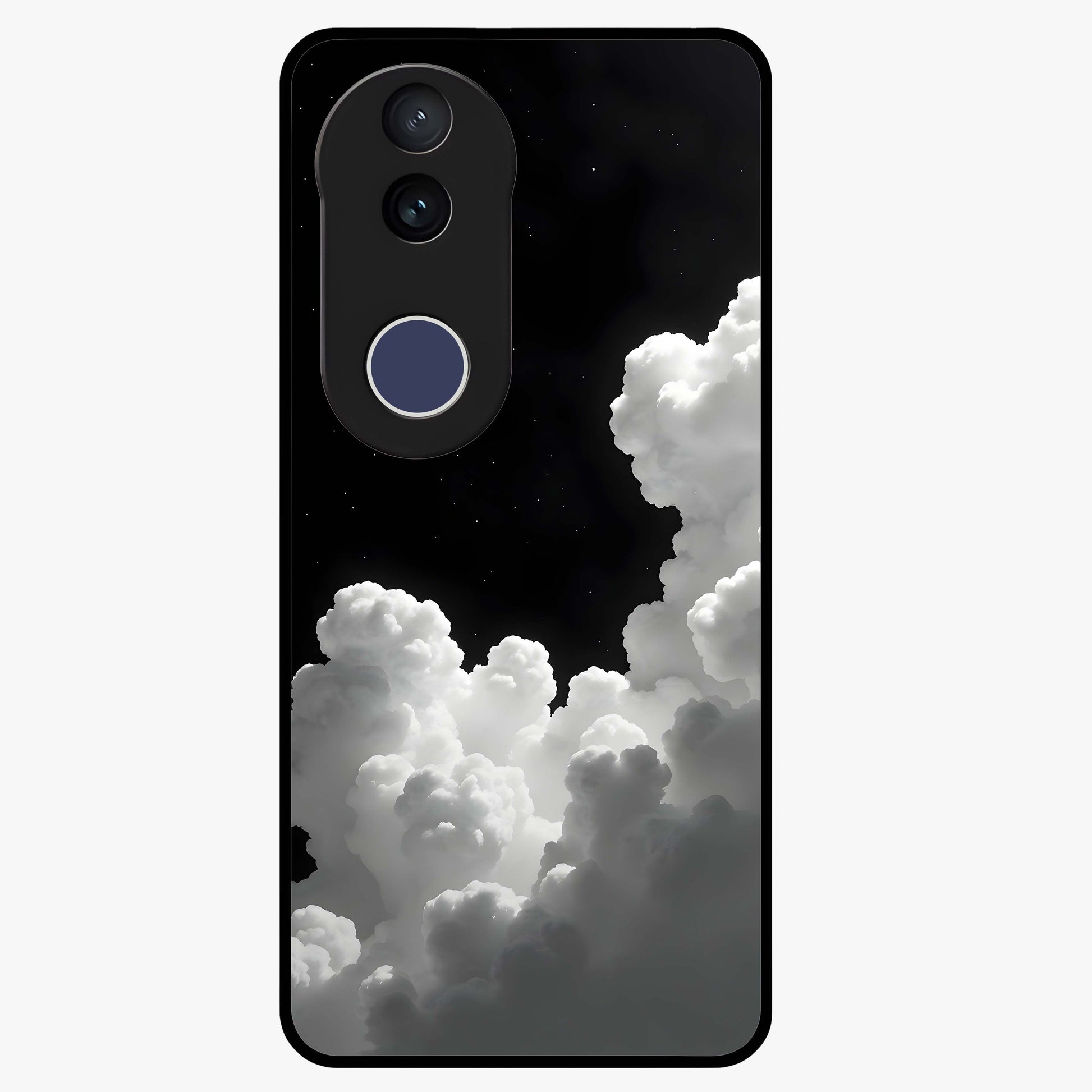 Black Background With White Cloud Glass Case showing flat back view with minimal cloud artwork on dark background and glossy glass finish.