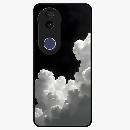 Black Background With White Cloud Glass Case showing flat back view with minimal cloud artwork on dark background and glossy glass finish.