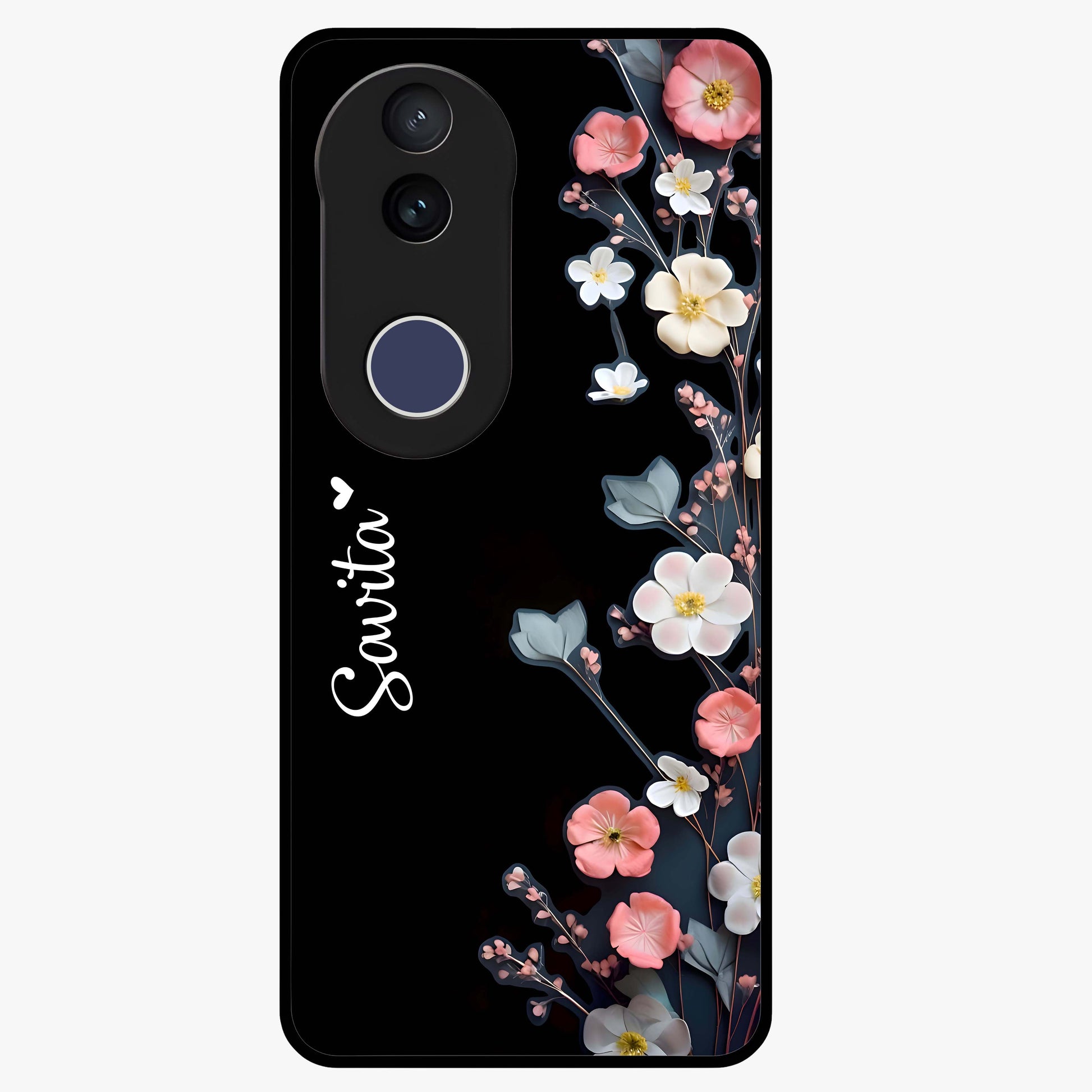 Black Elegance Floral Custom Name Glass Case showing flat back view with elegant floral artwork and personalized name design.
