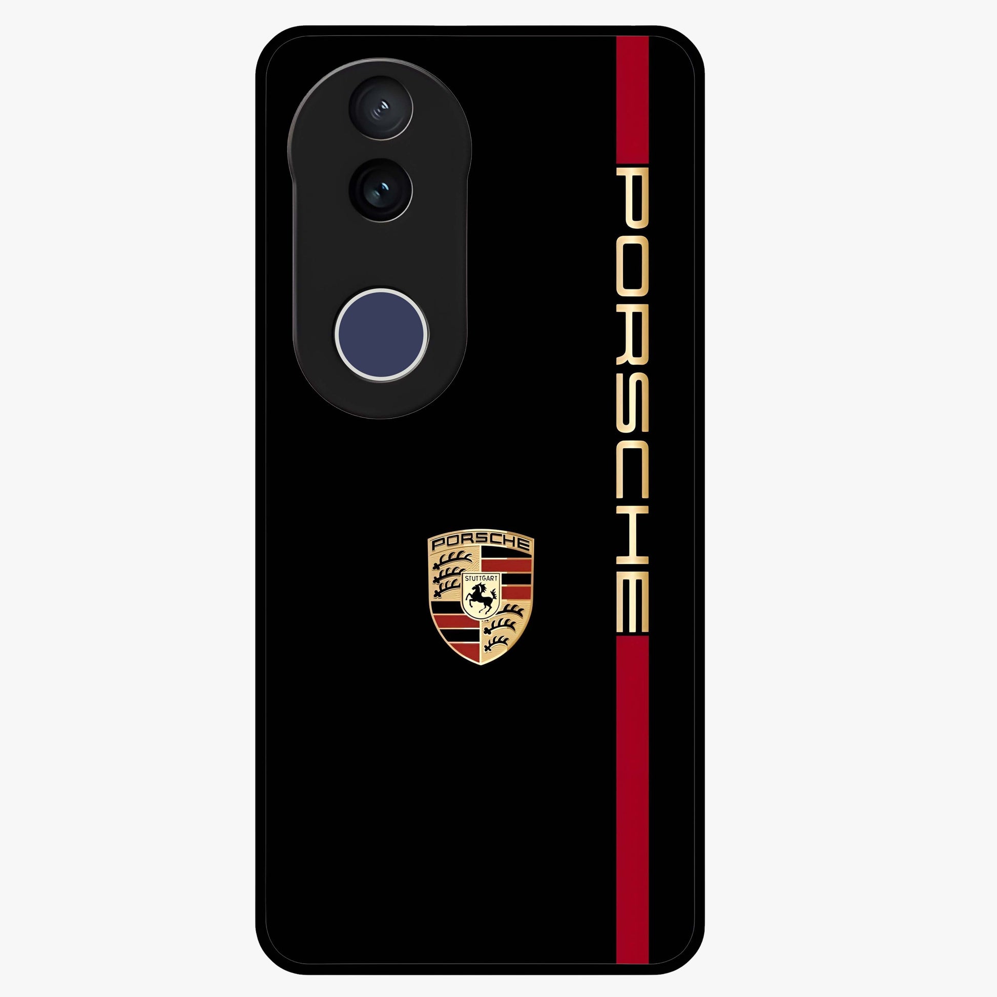 Black Minimal Porsche Glass Case showing flat back view with sleek minimal sports car artwork and glossy glass finish.