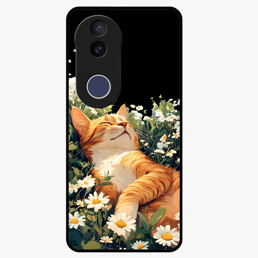 Blissful Bloom Cat Glass Case showing flat back view with cute cat and floral bloom artwork and glossy glass finish.
