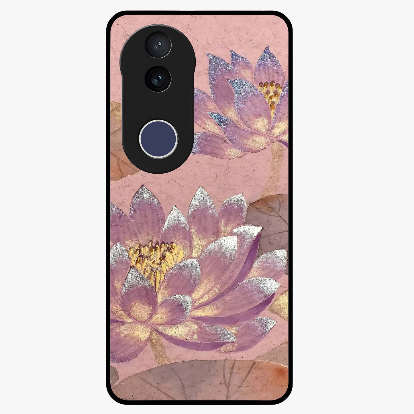 Blossom Mist Lotus Glass Case showing flat back view with serene lotus blossom artwork and glossy glass finish.